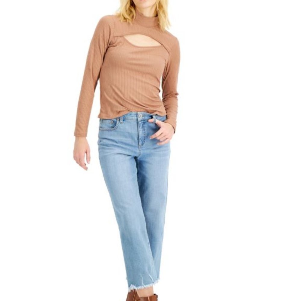 SIZE:S INC MOCHA LNG SLV RIBBED MOCK NECK BLOUSE W/CUT OUT AT NECKLINE